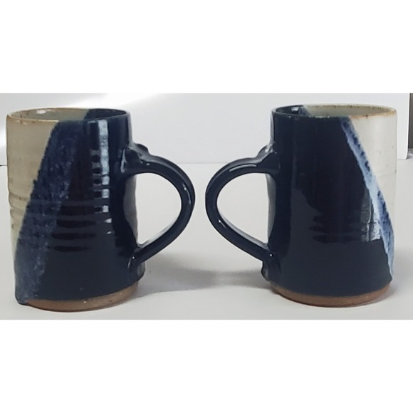Beaver Creek Pottery Mug Set (2) Glazed Grey/Tan/Navy Drip Textured 4.625" Tall - Picture 3 of 9